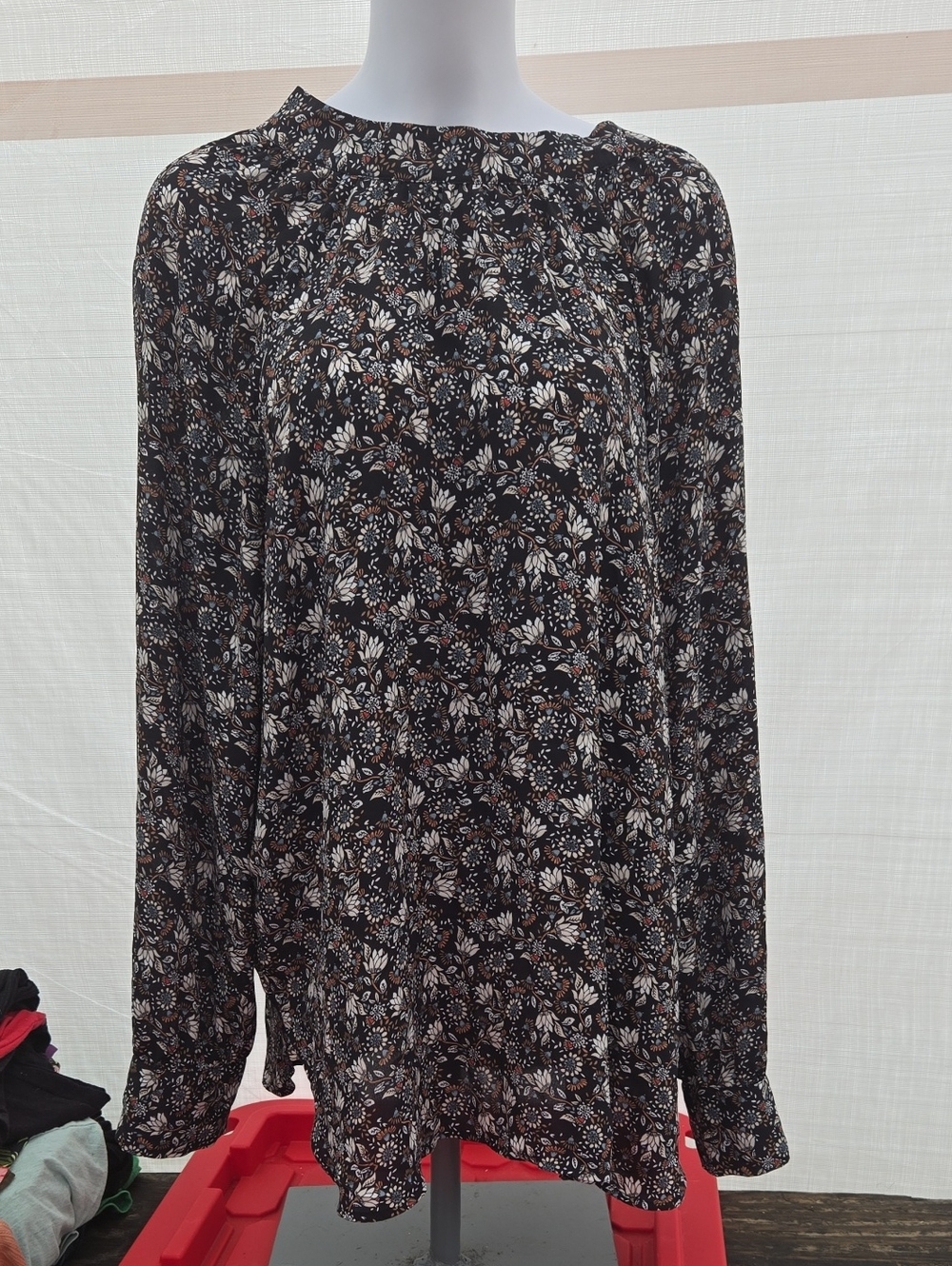 LOFT Black Floral Long-Sleeve Peasant Blouse